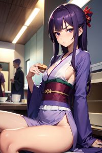 anime,skinny,small tits,50s age,angry face,purple hair,straight hair style,dark skin,soft + warm,hospital,front view,eating,kimono