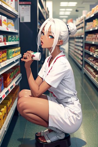 anime,skinny,small tits,18 age,ahegao face,white hair,hair bun hair style,dark skin,painting,grocery,side view,squatting,nurse