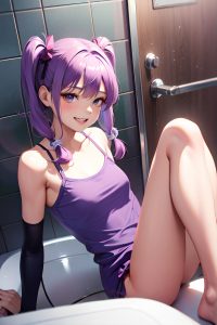 anime,skinny,small tits,18 age,laughing face,purple hair,pigtails hair style,light skin,vintage,shower,close-up view,spreading legs,teacher
