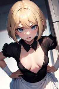 anime,skinny,small tits,18 age,angry face,blonde,bobcut hair style,light skin,black and white,prison,close-up view,gaming,maid