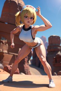 anime,muscular,small tits,20s age,angry face,blonde,straight hair style,light skin,3d,desert,front view,bending over,nurse