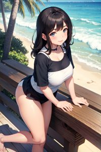 anime,chubby,small tits,30s age,happy face,brunette,bangs hair style,dark skin,soft anime,beach,side view,plank,maid