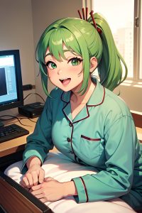 anime,chubby,small tits,80s age,happy face,green hair,ponytail hair style,light skin,charcoal,hospital,side view,gaming,pajamas