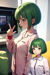 anime,busty,small tits,18 age,shocked face,green hair,bobcut hair style,light skin,3d,office,side view,gaming,pajamas