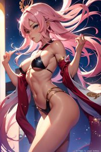 anime,muscular,small tits,20s age,pouting lips face,pink hair,straight hair style,dark skin,illustration,strip club,side view,jumping,geisha