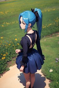 anime,skinny,small tits,50s age,serious face,blue hair,ponytail hair style,dark skin,3d,meadow,back view,t-pose,goth