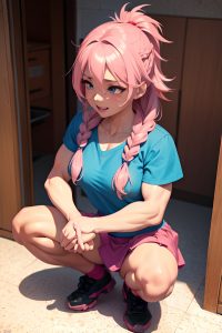 anime,muscular,small tits,30s age,ahegao face,pink hair,braided hair style,dark skin,3d,hospital,close-up view,squatting,mini skirt