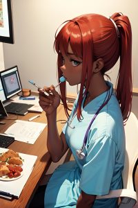 anime,skinny,small tits,70s age,shocked face,ginger,straight hair style,dark skin,watercolor,office,back view,eating,nurse