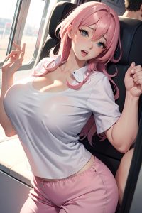 anime,busty,huge boobs,40s age,orgasm face,pink hair,messy hair style,light skin,black and white,train,front view,on back,pajamas