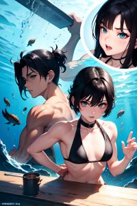 anime,muscular,small tits,18 age,ahegao face,black hair,pixie hair style,light skin,comic,underwater,back view,cooking,goth