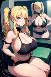 anime,chubby,huge boobs,70s age,serious face,blonde,pigtails hair style,light skin,mirror selfie,car,front view,massage,fishnet