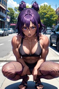 anime,muscular,small tits,30s age,shocked face,purple hair,messy hair style,dark skin,dark fantasy,street,front view,squatting,fishnet