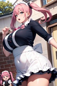 anime,chubby,huge boobs,30s age,shocked face,pink hair,pigtails hair style,dark skin,comic,oasis,side view,jumping,maid