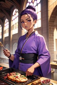 anime,muscular,small tits,20s age,shocked face,purple hair,slicked hair style,dark skin,comic,church,front view,cooking,kimono