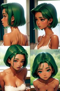 anime,skinny,small tits,80s age,orgasm face,green hair,pixie hair style,dark skin,warm anime,tent,side view,on back,teacher
