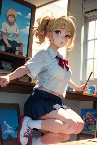 anime,chubby,small tits,80s age,sad face,blonde,messy hair style,light skin,painting,oasis,front view,jumping,schoolgirl