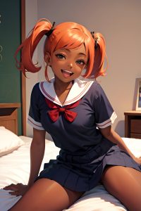 anime,busty,small tits,50s age,laughing face,ginger,pigtails hair style,dark skin,dark fantasy,bedroom,front view,spreading legs,schoolgirl