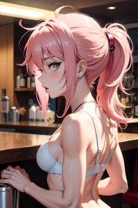 anime,muscular,small tits,60s age,pouting lips face,pink hair,messy hair style,light skin,soft anime,bar,back view,eating,bra