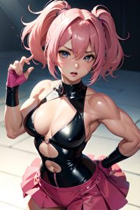 anime,muscular,small tits,50s age,seductive face,pink hair,messy hair style,light skin,crisp anime,stage,front view,cumshot,latex