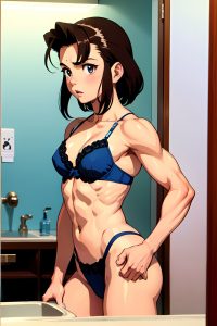 anime,muscular,small tits,70s age,shocked face,brunette,slicked hair style,light skin,film photo,changing room,side view,bathing,lingerie