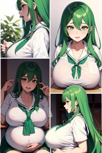 anime,pregnant,huge boobs,30s age,ahegao face,green hair,straight hair style,dark skin,black and white,oasis,side view,eating,schoolgirl