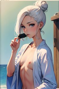 anime,skinny,small tits,60s age,shocked face,white hair,hair bun hair style,light skin,watercolor,prison,front view,eating,bathrobe