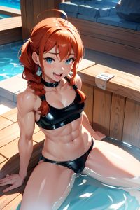 anime,muscular,small tits,18 age,laughing face,ginger,braided hair style,light skin,black and white,hot tub,front view,plank,latex