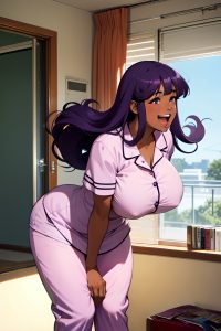 anime,chubby,huge boobs,70s age,laughing face,purple hair,slicked hair style,dark skin,film photo,hospital,side view,bending over,pajamas