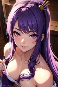 anime,muscular,small tits,50s age,happy face,purple hair,straight hair style,dark skin,painting,wedding,close-up view,gaming,geisha