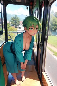anime,muscular,small tits,40s age,shocked face,green hair,pixie hair style,light skin,painting,bus,side view,bending over,bathrobe
