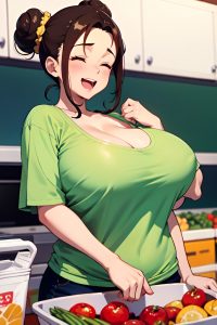 anime,busty,huge boobs,70s age,laughing face,brunette,hair bun hair style,light skin,film photo,grocery,close-up view,bathing,teacher