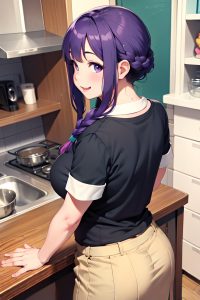 anime,chubby,small tits,30s age,happy face,purple hair,braided hair style,light skin,charcoal,kitchen,back view,t-pose,schoolgirl