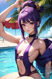anime,muscular,small tits,60s age,seductive face,purple hair,straight hair style,light skin,skin detail (beta),pool,front view,t-pose,geisha