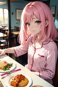 anime,skinny,small tits,60s age,happy face,pink hair,straight hair style,light skin,watercolor,cafe,close-up view,on back,pajamas