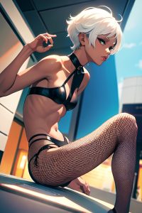 anime,skinny,small tits,80s age,seductive face,white hair,pixie hair style,dark skin,comic,mall,side view,gaming,fishnet