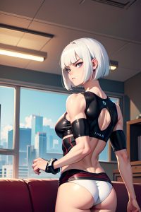anime,muscular,small tits,18 age,angry face,white hair,bobcut hair style,light skin,cyberpunk,couch,back view,cumshot,teacher