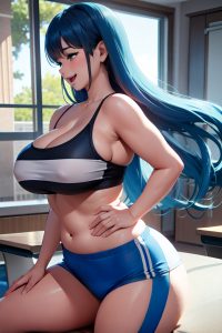 anime,chubby,huge boobs,50s age,laughing face,blue hair,straight hair style,dark skin,3d,gym,side view,spreading legs,teacher