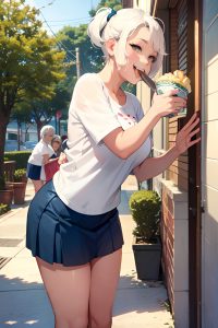 anime,chubby,small tits,50s age,laughing face,white hair,pixie hair style,light skin,comic,oasis,side view,eating,mini skirt
