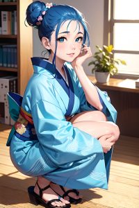 anime,skinny,small tits,60s age,happy face,blue hair,hair bun hair style,light skin,illustration,office,close-up view,squatting,kimono