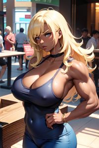 anime,muscular,huge boobs,50s age,serious face,blonde,messy hair style,dark skin,dark fantasy,mall,side view,plank,pajamas