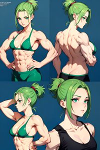 anime,muscular,small tits,80s age,seductive face,green hair,slicked hair style,light skin,comic,stage,back view,yoga,pajamas