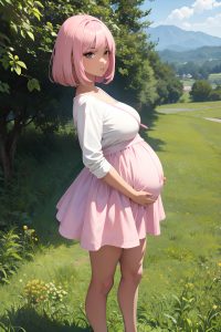 anime,pregnant,small tits,60s age,serious face,pink hair,bobcut hair style,dark skin,crisp anime,meadow,front view,bending over,mini skirt