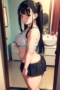 anime,chubby,small tits,70s age,serious face,black hair,messy hair style,light skin,mirror selfie,bedroom,front view,bathing,mini skirt