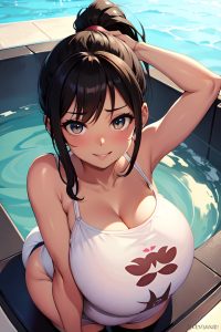 anime,pregnant,small tits,30s age,happy face,brunette,ponytail hair style,dark skin,crisp anime,hot tub,close-up view,yoga,stockings