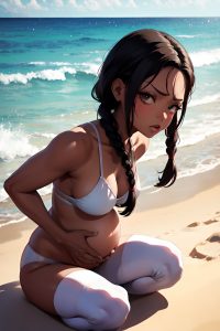 anime,pregnant,small tits,40s age,angry face,ginger,braided hair style,dark skin,cyberpunk,beach,close-up view,yoga,nurse