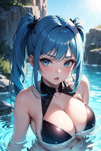 anime,busty,huge boobs,50s age,serious face,blue hair,pigtails hair style,light skin,skin detail (beta),underwater,front view,bathing,goth