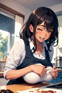 anime,skinny,huge boobs,40s age,laughing face,brunette,messy hair style,dark skin,watercolor,kitchen,side view,t-pose,schoolgirl