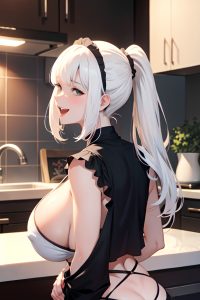 anime,busty,huge boobs,20s age,laughing face,white hair,bangs hair style,dark skin,watercolor,kitchen,back view,on back,goth