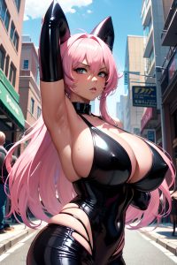 anime,muscular,huge boobs,70s age,serious face,pink hair,pixie hair style,dark skin,dark fantasy,street,front view,eating,latex