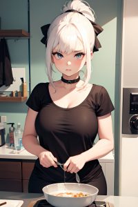 anime,chubby,small tits,80s age,serious face,white hair,ponytail hair style,dark skin,mirror selfie,shower,close-up view,cooking,goth